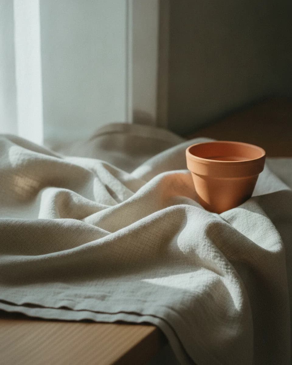 Soft morning light falling across white linen in a calm room